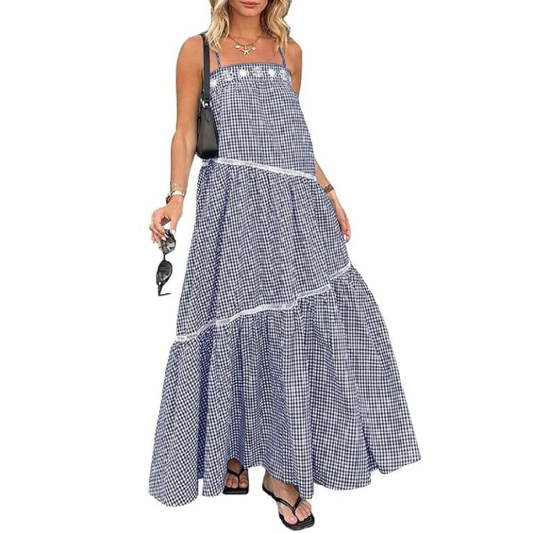 ECOWISH Women Gingham Maxi Dress up to 30% Off Deal